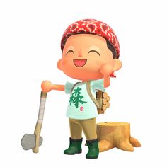 a cartoon character holding a shovel and standing next to a tree stump