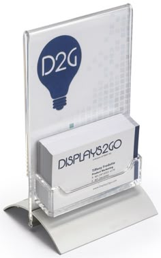 a business card holder with a lightbulb on the front and display for two cards