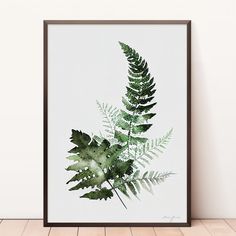 a green fern leaf on a white background in a brown framed frame against a wall