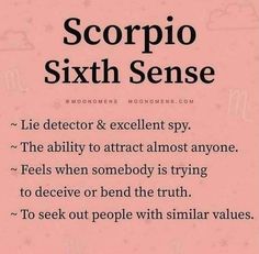 a pink poster with the words scorpio sixth sense written in black on it