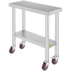 a stainless steel table with two wheels on each side and a shelf under the top