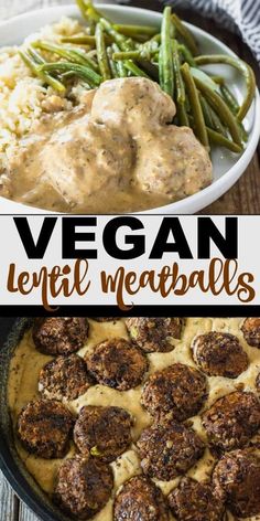 vegan meatballs and mashed potatoes in a skillet with gravy