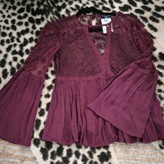 American Eagle Outfitters Boho Lace Bell Sleeves Top Maroon Size Xs Nwt Bohemian Burgundy Tops For Spring, Bohemian Burgundy Top For Spring, Bell Sleeves Top, Lace Bell Sleeves, Lace Bell Sleeve Top, Baby G, Boho Lace, Sleeves Top, Boho Top