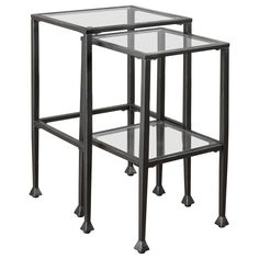 two glass side tables with metal legs and one end table on the bottom, both in black