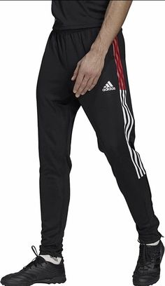 Adidas Stretch Training Pants, Fitted Red Jogging Bottoms, Red Fitted Jogging Bottoms, Adidas Black Training Joggers, Adidas Black Sports Joggers, Adidas Black Joggers For Training, Stretch Black Sweatpants With Three Stripes, Black Stretch Sweatpants With Three Stripes, Adidas Red Training Bottoms