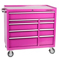 the pink tool cabinet is on wheels and has four drawers, one with two doors