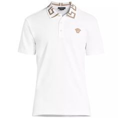 Crafted Of Cotton, This Polo Shirt Highlights The Classic Versace La Greca Motif Embroidered On The Spread Collar. Spread Collar Short Sleeves Three-Button Placket 100% Cotton Embroidery: 40% Nylon/ 40% Viscose/ 20% Polyester Trim: 92% Cotton/ 4% Nylon/ 4% Polyester Machine Wash Made In Italy Versace Polo, Versace Shirts, Black Polo Shirt, White Polo Shirt, Versace Shirt, Printed Polo Shirts, Black Polo, Number 7, White Polo