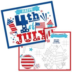 two fourth of july cards with the words happy 4th of july written in red, white and blue