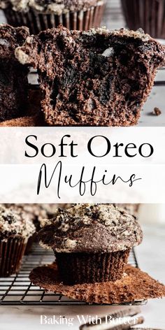 chocolate muffins on a cooling rack with the words soft oreo muffins above them