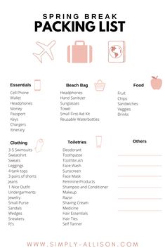 the spring break packing list is shown