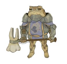 a drawing of a frog dressed in armor and holding onto a dog's paw