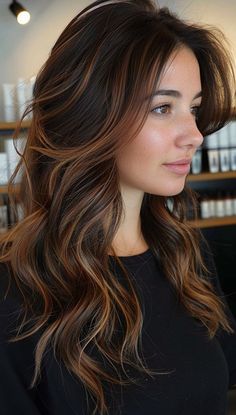 Trendy Free Long Hairstyle Ideas For Women|Hairstyles Beauty (#68) #brunettebalayagehair Full Dimensional Color, Trendy Hair 2024, Summer Hair Color For Brunettes Dark, Golden Balayage On Dark Hair, Brunette Highlights Lowlights, Brown Hair Trends, Brunette Balayage Hair, Brown Hair Balayage, Dark Brown Hair Color