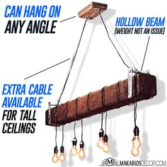 a wooden beam hanging from the ceiling with bulbs attached to it and instructions on how to hang them