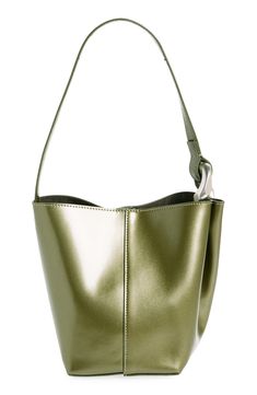 An oversized brushed-finish curb-chain link anchors one end of the shoulder strap of this leather bucket bag with plenty of room for the daily essentials. Magnetic-snap closure Shoulder strap Leather Made in Italy Designer Handbags Modern Bucket Shoulder Bag With Silver-tone Hardware, Modern Shopping Bucket Bag With Silver-tone Hardware, Modern Rectangular Bucket Bag With Silver-tone Hardware, Chic Bucket Bag With Silver-tone Hardware For Shopping, Chic Shopping Bucket Bag With Silver-tone Hardware, Green Bucket Bag With Gold-tone Hardware, Modern Office Bucket Bag With Palladium Hardware, Modern Bucket Bag With Silver-tone Hardware, Modern Bucket Hobo Bag With Gold-tone Hardware