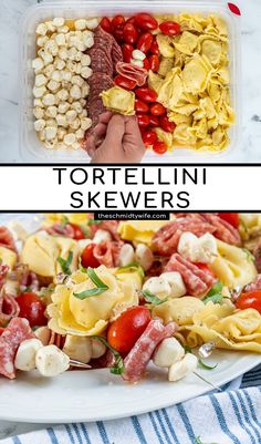 two pictures with different types of food in them and the words tortellini skewers