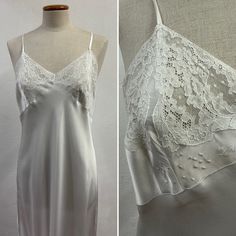 Nightgown, slip dress, 1950s/60s. In silk with handmade embroidery and lace inserts. White, in satin cut on the bias therefore easily adaptable to multiple body types. Fits approximately size L Excellent vintage condition. No obvious defects to report Check the measurements carefully (measurements taken flat) Breast 48 cm inches 18.89 Waist 47cm inches 18.50 Total length: 114 inches 44.88 cm Length without straps: 95 inches 37.40 cm *All items in our collection are authentic and unique. They hav Summer Satin Slip Dress With Lace Patchwork, Vintage Slip Dress For Wedding Night, Lace Nightgown With Bias Cut For Evening, Silk Slip Dress With Lace Trim For Wedding, Lace Bias Cut Nightgown For Evening, Bias Cut Lace Nightgown For Evening, Wedding Lace Nightgown With Bias Cut, White Silk Wedding Nightgown, Lace Camisole Slip Dress Bias Cut