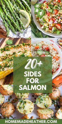 the side dishes for salmon and asparagus with text overlay that reads 20 sides for salmon