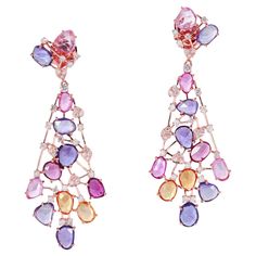 18KT:14.530g, Diamond:1.75ct, Sapphire:18.80ct, Tanzanite Diamond Earrings, Art Deco Drop Earrings, Pink Sapphire Earrings, Sapphire And Diamond Earrings, Multi Sapphire, Diamond Dangle Earrings, Sapphire Earrings, Rose Gold Jewelry, Gold Earrings Dangle