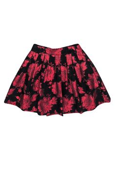 Current Boutique-Alice & Olivia - Red & Black Shimmer Rose Brocade Mini Skirt Sz 2 Red Floral Print Mini Skirt, Chic Red Floral Print Mini Skirt, Chic Red Mini Skirt With Floral Print, Red Floral Print Party Bottoms, Party Red Floral Print Bottoms, Red Fitted Glamorous Skirt, Floral Print Mini Skirt For Party, Party Mini Skirt With Floral Print, Glamorous Red Fitted Skirt