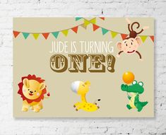 an animal themed birthday party sign with monkeys, giraffes and other animals