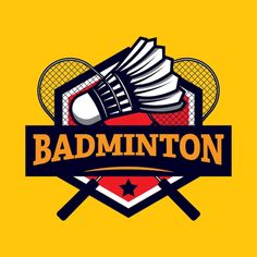 badminton logo with rackets and ball on yellow background