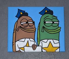 two cartoon characters painted on a blue background