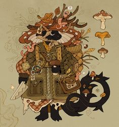 a drawing of a coat with many different things on it, including cats and mushrooms