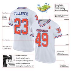 Custom White Orange-Royal Mesh Authentic Throwback Football Jersey Customizable White Jersey For Game Day, Customizable White Team Spirit Jersey, White Baseball Jersey With Sublimation Print For Fans, White Sports Fan Jersey, Customizable White Sublimation Design With Team Logo, White College Jersey For Football Season, White Varsity Jersey For Football Season, Varsity Style White Sublimation Design For Game Day, White Sublimation Design With Team Name For Football Season