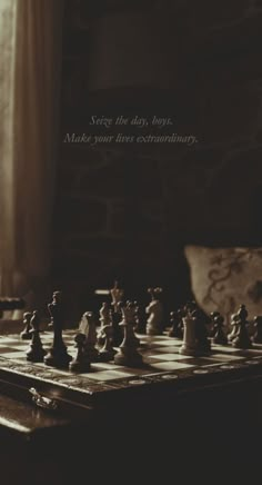 a black and white photo of chess pieces on a table with the words, keep the day home make your own extraordinaryly