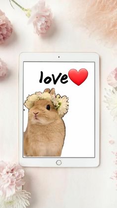 an ipad with the words love on it and a photo of a bunny in front of flowers