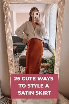 Fall Outfits With Satin Skirt, Cute Outfits With Midi Skirts, How To Wear Satin Midi Skirt, Business Casual Satin Skirt, Silky Skirt Outfit Winter, Satin Skirt Outfit Classy Winter, Style Satin Skirt Winter, Black Satin Skirt With Sweater, Black Satin Skirt Holiday Outfit