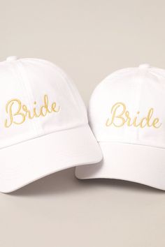 "The cutest baseball cap, a must-have item for every season and daily! This embroidery baseball cap is the perfect choice for everybody! Perfect for a bridal shower, a bachelorette party, the honeymoon, the beach, the pool, and everyday wear! It's fully adjustable and easy to style! ** 🧢 Detail & Features 🧢 ** Made from 100% cotton. Professional-quality embroidered \" bride \" lettering. Lightweight & durable, with adjustable metal buckle back closure. *Subtle embroidered \" bride \" l Personalized White Dad Hat, White Curved Bill Baseball Cap As Gift, Personalized White Baseball Cap With Curved Bill, White Curved Brim Baseball Cap Gift, White Curved Brim Baseball Cap As Gift, White Curved Brim Baseball Cap As A Gift, Adjustable White Baseball Cap With Letter Embroidery, Personalized White Wedding Hat, White Curved Brim Baseball Cap For Wedding