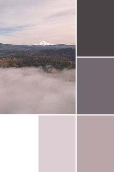 an aerial view of mountains and clouds in the sky with color swatches on them