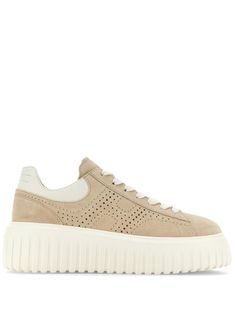 beige/white calf leather perforated design round toe front lace-up fastening branded insole chunky rubber sole Striped Sneakers, Hogan Sneakers, Versace Bags, Sneaker Games, Balenciaga Designer, Perforated Leather, Lv Bag, Fendi Bags, Soft Suede