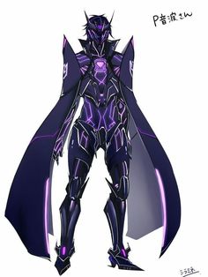 an anime character with purple and black armor, standing in front of a white background