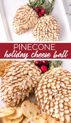 pinecone holiday cheese ball with crackers and cranberries on the side