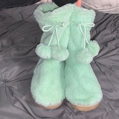 Nwot Mint Green With Decorative Tie & Fuzzy Balls Indoor Winter Booties With Round Toe, Green Synthetic Winter Boots, Winter Green Synthetic Boots, Cute Lace-up Winter Boots, Casual Indoor Boots With Round Toe, Casual Round Toe Indoor Boots, Green Round Toe Booties For Winter, Green Winter Booties With Round Toe, Old Navy Slippers