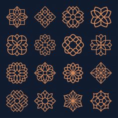 a set of nine ornamental designs in gold on a dark blue background stock photo - budget conscious