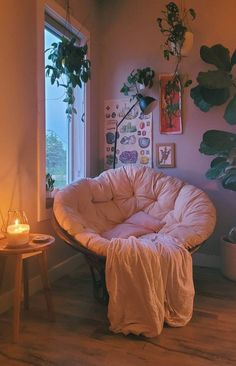 a living room filled with lots of plants next to a window and a chair in the corner