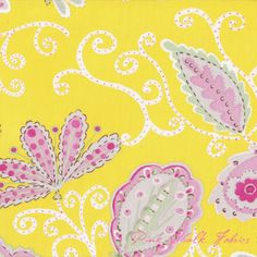 a yellow background with pink and white flowers