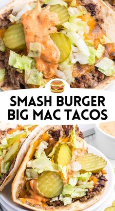 two pictures with the words smash burger, big mac tacos on top and bottom