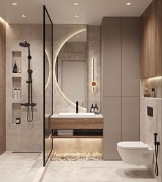 a bathroom with a toilet, sink, and shower stall in it's center