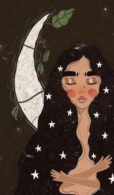 a painting of a woman with her eyes closed and stars on her chest in front of the moon