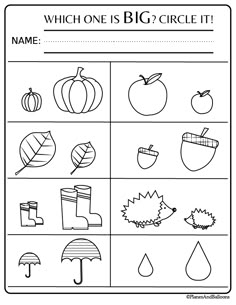 the worksheet for which one is big? circle it with pictures and words