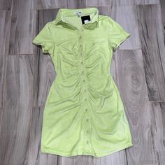 Size Medium Collared Shirt Mini Ruched Dress #Limeterrydress #Minidress #Terrydress #Shirtdress Fitted Ruched Shirt Dress For Summer, Summer Fitted Ruched Shirt Dress, Green Mini-length Shirt Dress For Vacation, Green Button-up Mini Dress For Day Out, Fitted Green Button-up Mini Dress, Spring Green Button-up Shirt Dress, Green Button-up Mini Dress, Terry Cloth Dress, Medium Wash Cotton Button-up Shirt Dress