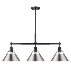 three light pendant fixture with metal shades on the bottom and two lights hanging from the ceiling