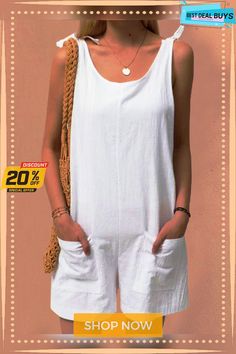 Pockets Sleeveless Casual Linen Romper White Casual Sleeveless Vest, White Sleeveless Vest For The Beach, Sleeveless White Vest For The Beach, White Sleeveless Summer Vest, Spring Beach Tank Top With Pockets, Beach Tank Top With Pockets For Spring, Casual Sleeveless Vest In Solid Color, Casual Sleeveless Solid Color Vest, Casual Summer Tank Top With Pockets