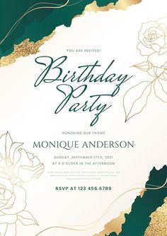 an elegant birthday party with gold and green flowers on the front, and white roses on the back