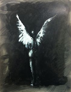 an angel standing in the middle of a painting with white wings on it's back