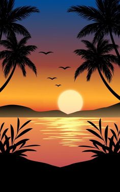 Sunset landscape with palm trees in silhouette Sunset Painting Easy, Sunset Canvas Painting, Easy Landscape Paintings, Sunrise Landscape, Sunrise Painting, Palm Trees Painting, Canvas For Beginners, Silhouette Painting, Scenery Paintings